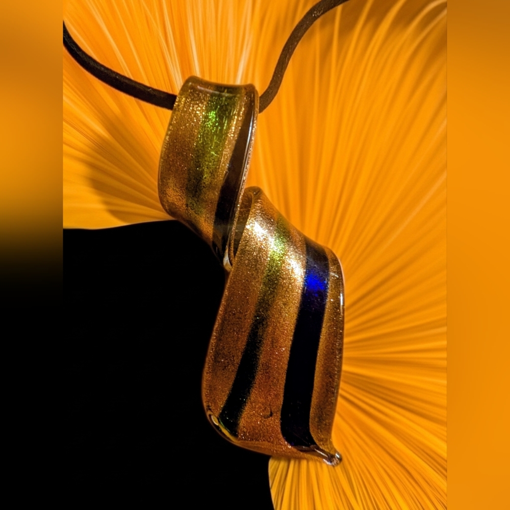 Green, Gold, and Blue striped painted glass pendant